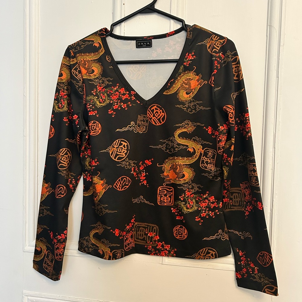 Vintage Black and Gold Dragon Print Long Sleeve Top